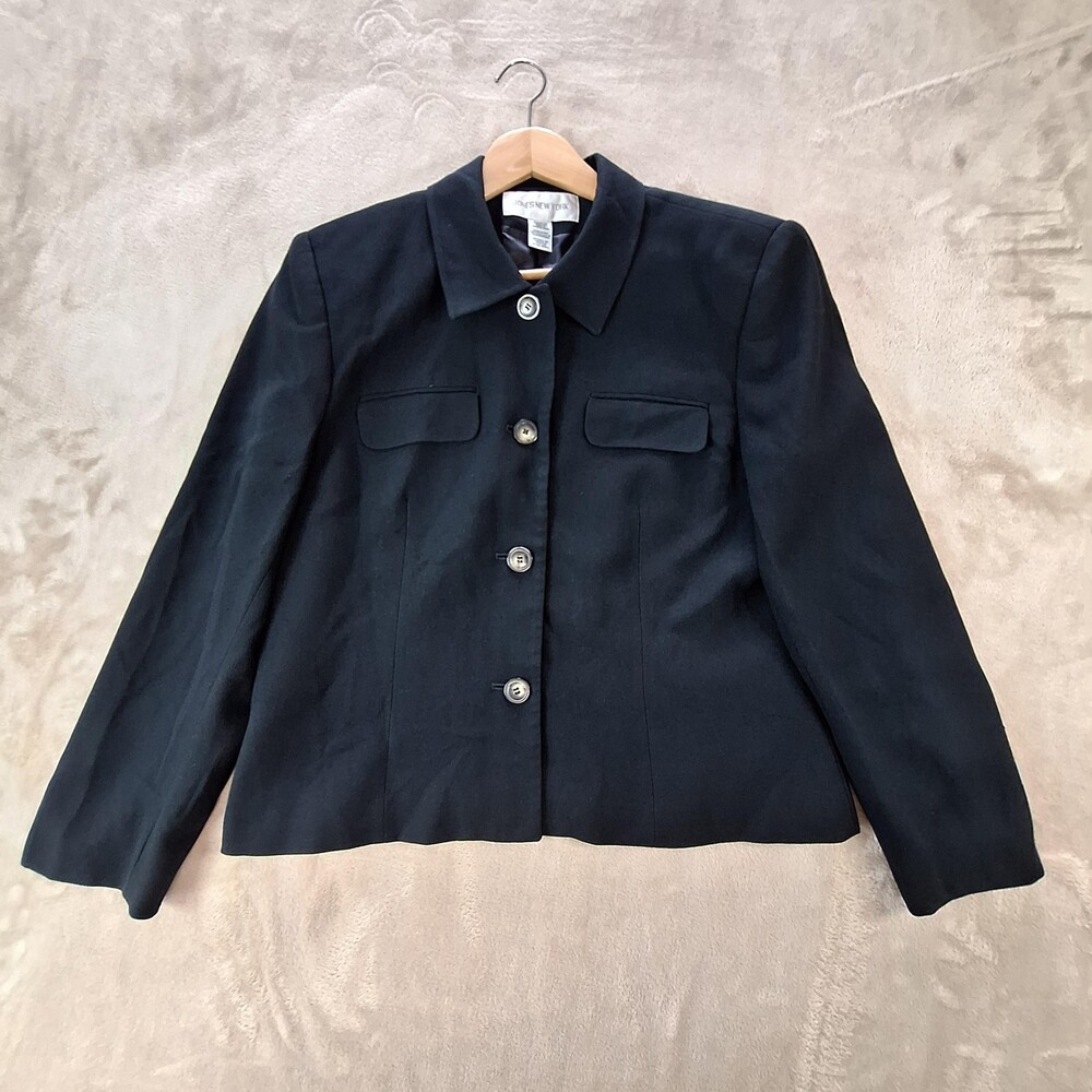 Vintage Jones New York Blazer Womens 14 Black 4 Button Lined USA Career Jacket